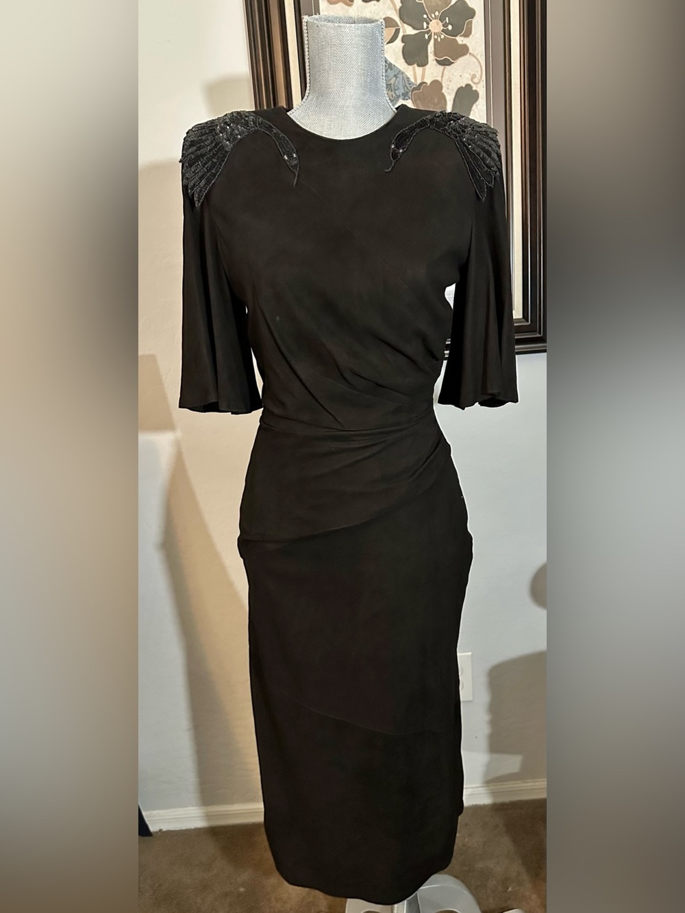 Vtg EREZ 80s Dynasty Glamour Black Soft Suede Leather Sequined Swan Sheath Dress